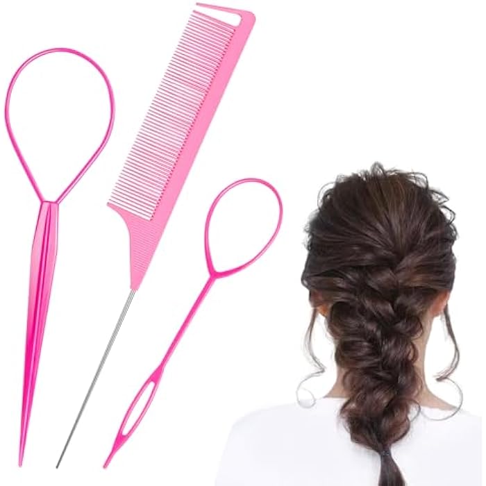 Wosyoodo Topsy Tail Hair Tool, Pink Hair Loop Pull Through Tool, French Braid Loop Tool with Rat Tail Comb, Hair Braiding Tool for Making Women and Girls Hair Style - Image 1